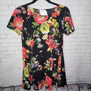 Black Floral Short Sleeve Swing Dress Small Short Sundress Summer Business Wear